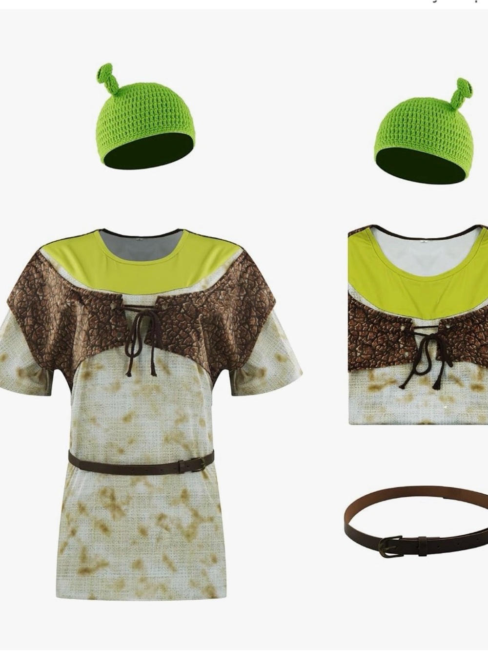 Shrek-Inspired Green and Brown Mens Costume Tunic with Beanie and Belt